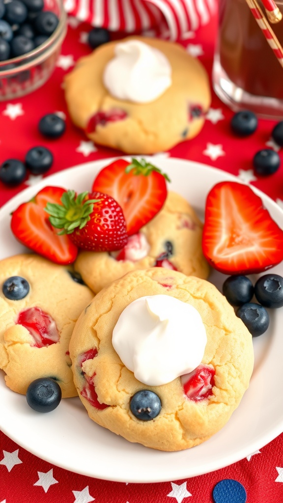 Colorful 4th of July fruit cookies topped with strawberries and blueberries on a festive plate.